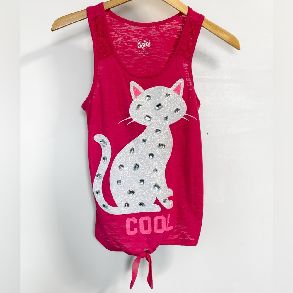 Justice Girls Pink Burnout Tank Top Cool Glitter Cat Tie Front Size 14